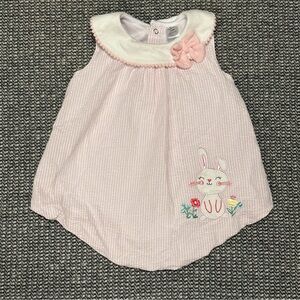 Baby Essentials Pink Striped Sleeveless Bubble Romper with Bunny Applique